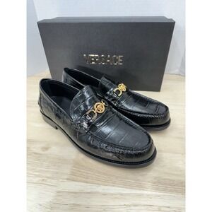 Versace Size 44 Men's 11 Black Leather Medusa Croc Effect Loafers Shoes
